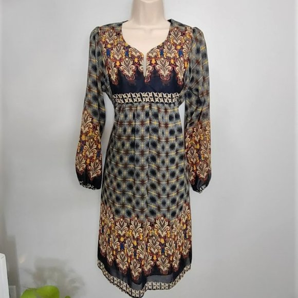 Reborn Brown Fleur-de-lis Notch Neck Peasant Dress NWT Medium
